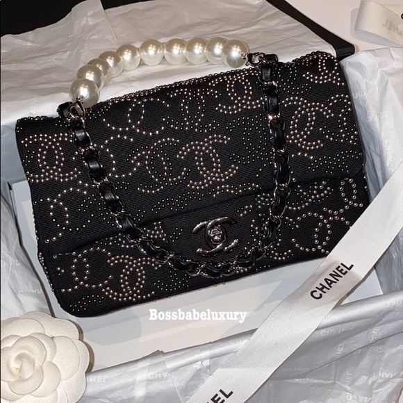 CHANEL Handbags - Auth Chanel small flap studded CC logo canvas bag